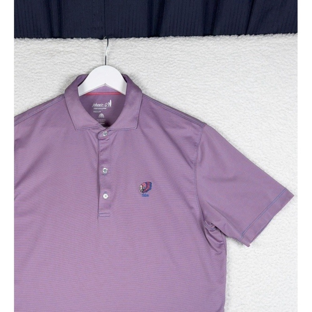 JOHNNIE-O Perfromance Golf Polo Striped Red Blue -M- Native American Head 1924